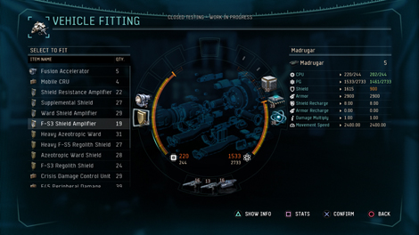 In game screenshot of the vehicle fitting interface