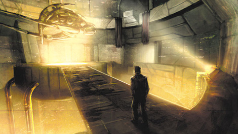 A man approaching his ship in the hangar.