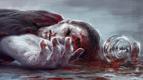 Plague years artwork. Corpse next to a glass.
